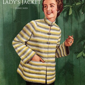 May include: Vintage-style jacket with a striped pattern in yellow, gray, and white. The jacket has a mandarin collar, button closures, and pockets. The image includes the text "LADY'S JACKET" and "THREE SIZES". The brand name "BritKnits Vintage" is also visible.