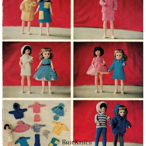 May include: A vintage knitting pattern booklet featuring various knitted outfits for dolls. The cover features a collage of dolls wearing different knitted outfits, including dresses, sweaters, and coats. The text on the cover reads "BritKnits Vintage".