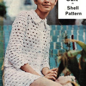 May include: A vintage crochet pattern booklet featuring a woman wearing a white crochet suit. The cover text reads "Quick Crochet Suit in Shell Pattern".