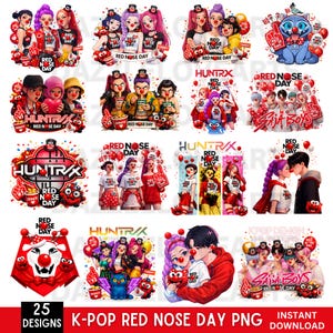 Pakiet PNG K-Pop Red Nose Day, Naklejki na koszulki, Rękodzieło, Pobieranie cyfrowe, Wzory K-Pop Red Nose Day, Pliki sublimacji, Urocze koszulki K-Pop w formacie PNG