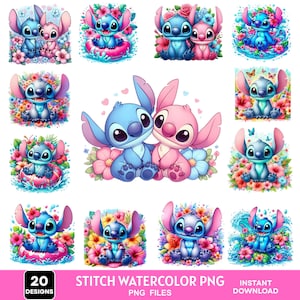 20 Cute Watercolor And Splash Stitch Png Clipart Bundle, High Resolution, Sublimation Designs, Commercial Use, Digital Download, Stitch Png