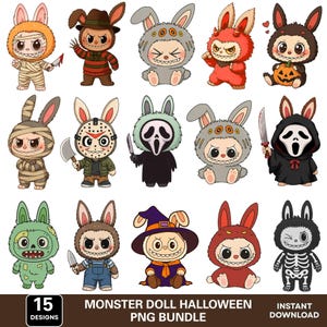 15 Horror Monster Doll Halloween Png Bundle, Monster Doll Labubu Png, Cute Horror Movie Character Png, Sublimation Design, T Shirt Png