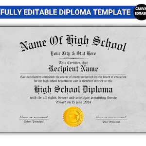Printable High School Diploma Template, High School Diploma, Diploma Replica Template, Home School Diploma, Instant Download