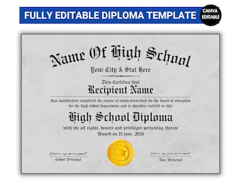 Printable High School Diploma Template, High School Diploma, Diploma Replica Template, Home School Diploma, Instant Download