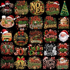 May include: A collection of twenty-five Christmas-themed graphic designs on a black background. The images feature festive elements including Santa Claus, wreaths, candy canes, Christmas trees, snowmen, and text such as Merry Christmas, Santa's Cookies, North Pole Express, and Ho Ho Ho.