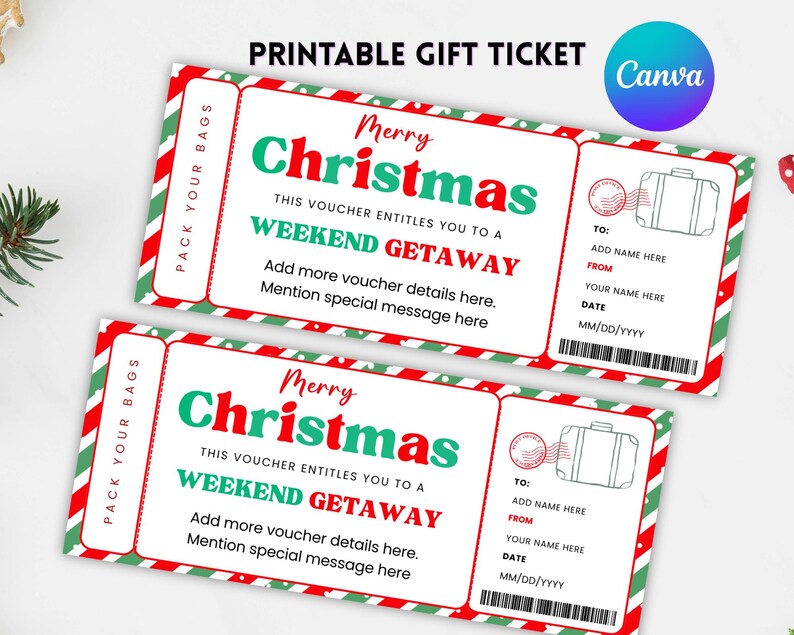 Editable Christmas Weekend Getaway Gift Voucher, Surprise Weekend Away Ticket, Ticket Template, Printable Travel Gift, Instant Download image 2