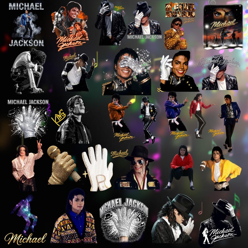 May include: A collection of images featuring Michael Jackson. The images include portraits, illustrations, and graphics of the singer in various poses and outfits. Some images include the text "Michael Jackson".