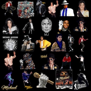 May include: A collage of images featuring Michael Jackson in various poses and outfits. The images include portraits, performance shots, and album art, showcasing his iconic style and career. The background is solid black.