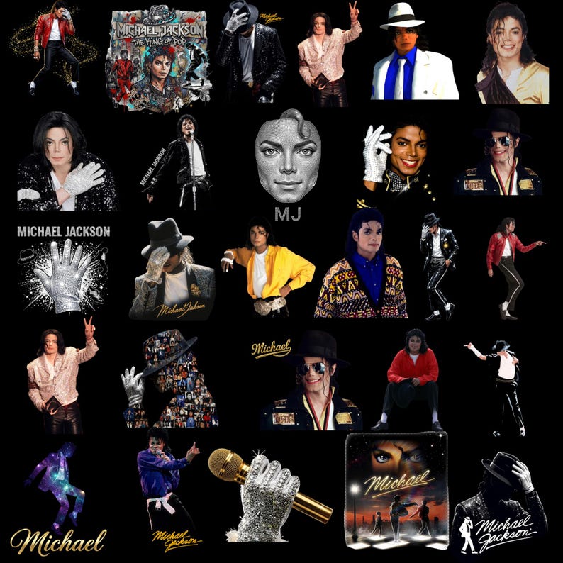 May include: A collage of images featuring Michael Jackson in various poses and outfits. The images include portraits, performance shots, and album art, showcasing his iconic style and career. The background is solid black.