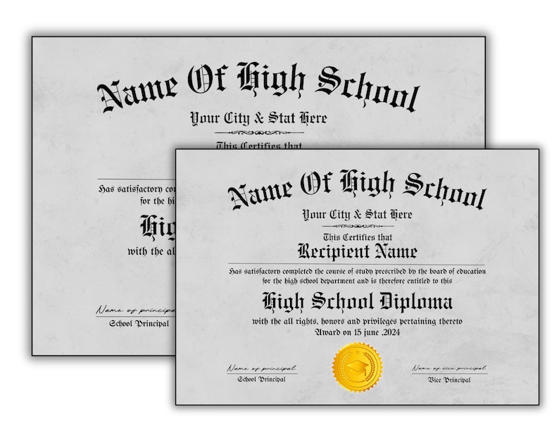 Puede incluir: Un diploma de escuela secundaria con un sello dorado. El certificado est&aacute; impreso en papel texturizado con el texto "Name of High School" y "Recipient Name".