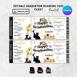 Modèle de billet carte d'embarquement pour l'obtention du diplôme 2025, soirée de remise des diplômes senior pour l'obtention du diplôme de début de carrière, billet cadeau de remise des diplômes, félicitations pour l'obtention du diplôme 2025