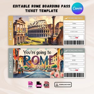 Biglietto di viaggio a sorpresa per Roma modificabile, modello di carta d'imbarco per Roma, stai andando in Italia, biglietto di viaggio, stampabile, download immediato