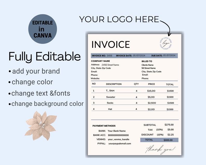 Editable Invoice Template: Minimalist Design, Canva & Word Compatible ...