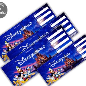 May include: Four printable Disney ticket templates with a blue background featuring Mickey Mouse, Minnie Mouse, Donald Duck, Goofy, and Pluto. The tickets have blank spaces for name, destination, and message.