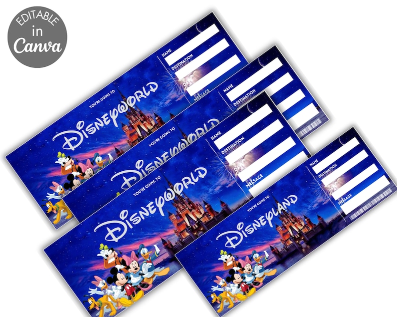 May include: Four printable Disney ticket templates with a blue background featuring Mickey Mouse, Minnie Mouse, Donald Duck, Goofy, and Pluto. The tickets have blank spaces for name, destination, and message.