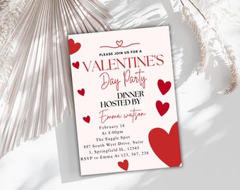 Editable Valentine’s Day Red Hearts Invitation Template, Valentine’s Party Invitation, Valentines Heart Dinner Party Card,Canva Template Pdf