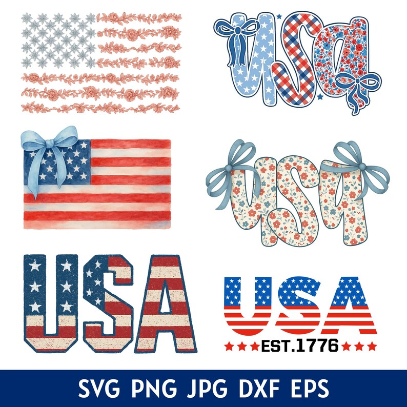 Puede incluir: Una colecci&oacute;n de dise&ntilde;os patri&oacute;ticos con la bandera estadounidense, arreglos florales y la palabra "USA" en varios estilos. Los dise&ntilde;os incorporan colores rojo, blanco y azul, con estrellas y rayas.