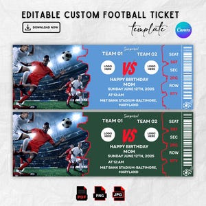 Custom Football Ticket,Surprise Gift Football Ticket,Birthday Gift,Football Game Ticket, Personalized Ticket,Canva Editable,Instant Download