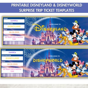 Afdrukbare sjabloon Disneyland Surprise-ticket, Disneyworld-ticket, cadeauonthulling, verjaardagscadeau, bewerkbare instapkaart, direct downloaden,