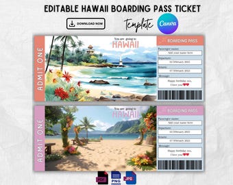 Plantilla editable de tarjeta de embarque para Hawái: regalo sorpresa para tus vacaciones (descarga inmediata)
