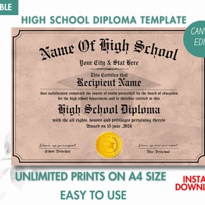 Plantilla de diploma de escuela secundaria imprimible, Diploma de escuela en casa, Diploma de escuela secundaria, Plantilla de réplica de diploma, Descarga instantánea