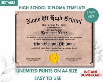 Printable High School Diploma Template, Home School Diploma, High School Diploma, Diploma Replica Template, Instant Download