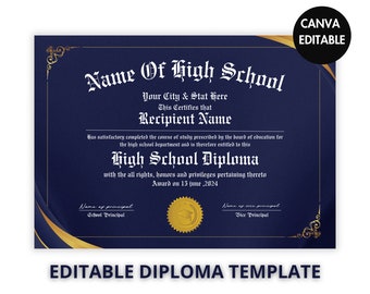 Printable High School Diploma Template, High School Diploma, Diploma Replica Template, Home School Diploma, Instant Download