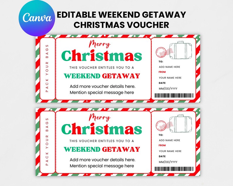 Editable Christmas Weekend Getaway Gift Voucher, Surprise Weekend Away Ticket, Ticket Template, Printable Travel Gift, Instant Download image 1