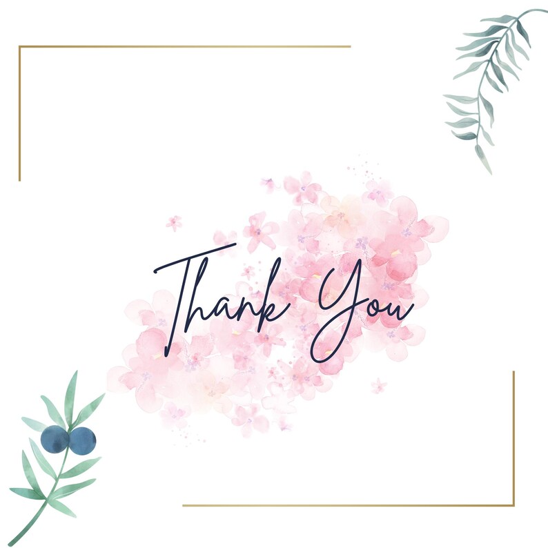Puede incluir: Tarjeta blanca con dise&ntilde;o floral y la frase "Thank You" en escritura elegante. El dise&ntilde;o presenta flores rosas de acuarela, hojas verdes y un borde dorado, ideal para expresar gratitud.