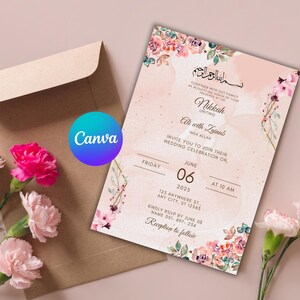 May include: A pink and white wedding invitation with floral designs. The invitation features the text "Nikkah Uniting Ali with Zainab" and the date "June 06, 2025".
