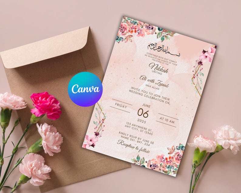 May include: A pink and white wedding invitation with floral designs. The invitation features the text "Nikkah Uniting Ali with Zainab" and the date "June 06, 2025".