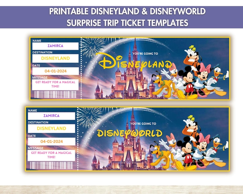 Szablon biletu-niespodzianki do Disneylandu/Disneyworldu do wydrukowania – prezentacja prezentu (do pobrania natychmiast) zdjęcie 1
