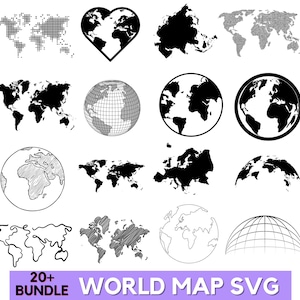 Wereldkaart Svg Png-bundel, wereldkaart Clipart, wereldkaart Dxf, wereldkaart silhouet, wereldkaart Vector, Svg-bestanden voor Cricut, Instant Download