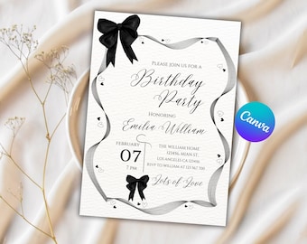 Black Bow Birthday Invitation Template, Minimalist Coquette (Canva Template)