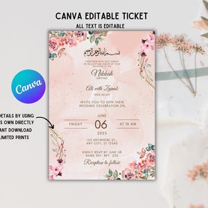 May include: A pink and white wedding invitation with floral accents. The text reads "Together with our family we request the honor of your presence at the Nikkah uniting Ali with Zainab Insha Allah. Invite you to join their wedding celebration on, June 06, 2025 at 10 AM. 125 Anywhere St., Any City, ST 12345. Kindly RSVP by June 08. Name 051-897-254. Reception to follow."