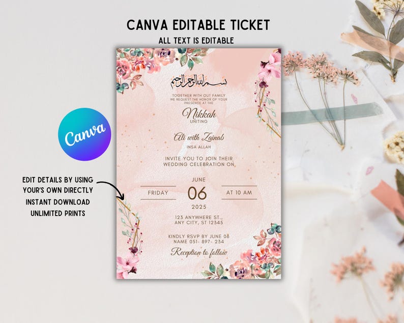May include: A pink and white wedding invitation with floral accents. The text reads "Together with our family we request the honor of your presence at the Nikkah uniting Ali with Zainab Insha Allah. Invite you to join their wedding celebration on, June 06, 2025 at 10 AM. 125 Anywhere St., Any City, ST 12345. Kindly RSVP by June 08. Name 051-897-254. Reception to follow."