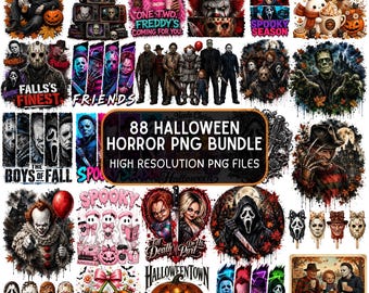 Pacote de PNGs de Terror para o Halloween, PNGs da Temporada Assustadora, PNGs de Halloween Retrô, PNGs de Personagens de Filmes de Terror, Design de Camiseta de Halloween, Download Instantâneo