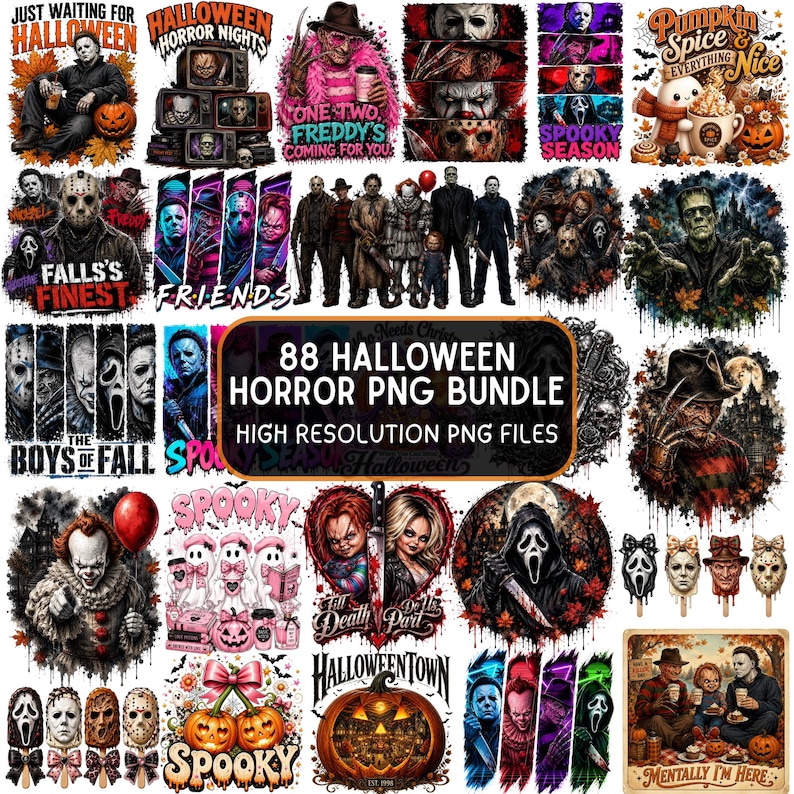 May include: A digital collection of 88 Halloween horror PNG files featuring various iconic movie villains, spooky characters, pumpkins, and themed text graphics like 88 HALLOWEEN HORROR PNG BUNDLE and HIGH RESOLUTION PNG FILES in a collage format.
