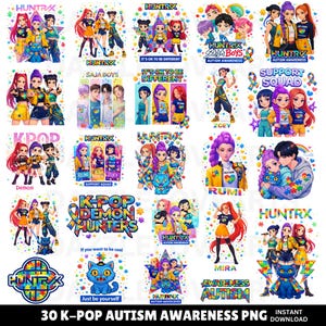 Może przedstawiać: Zbiór 30 grafik PNG K-Pop Autism Awareness. Obrazy przedstawiają kolorowe ilustracje postaci K-Pop, tekst takich jak "HUNTRIX", "SAJA BOYS" i "SUPPORT SQUAD" oraz frazę "It's ok to be different". Tekst na dole brzmi "30 K-POP AUTISM AWARENESS PNG INSTANT DOWNLOAD."