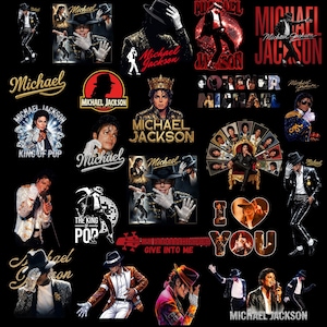 May include: A collection of images featuring Michael Jackson. The images include portraits, action shots, and text elements such as "Michael Jackson," "King of Pop," and "Give Into Me." The colour palette is dominated by black, red, and gold.