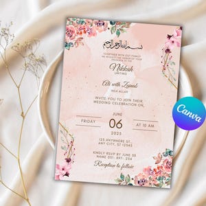 May include: A pink and gold wedding invitation with floral accents. The invitation reads "Nikkah Uniting Ali with Zainab Insa Allah" and includes the date and time of the wedding ceremony. The text "Reception to follow" is at the bottom of the invitation.