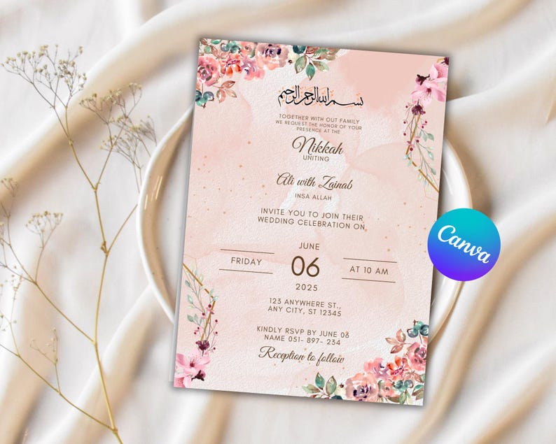 May include: A pink and gold wedding invitation with floral accents. The invitation reads "Nikkah Uniting Ali with Zainab Insa Allah" and includes the date and time of the wedding ceremony. The text "Reception to follow" is at the bottom of the invitation.