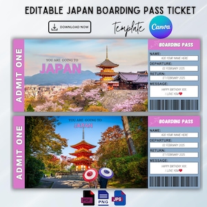 Printable Japan Surprise Trip Gift Ticket Template, Editable Boarding Pass, Japan Vacation Ticket, Birthday Gift, Ticket, Instant Download