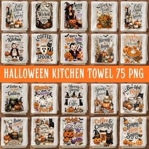 May include: A collection of twenty white kitchen towels featuring various Halloween-themed illustrations and text, including pumpkins, ghosts, black cats, witches, cauldrons, and coffee-related designs with phrases like Eat Drink Be Spooky.