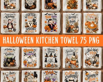 Halloween Kitchen Towel PNG Bundle, 75 Vintage Farmhouse Tea Towel Designs, Ghost Pumpkin PNG, Fall Sublimation, Funny Kitchen Towels Png
