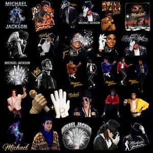 Może przedstawiać: Kolaż zdjęć Michaela Jacksona na czarnym tle. Obrazy obejmują portrety, zdjęcia z występów i kultowe przedmioty, takie jak wysadzana klejnotami rękawica i mikrofon. Tekst zawiera "Michael Jackson" i "Michael".
