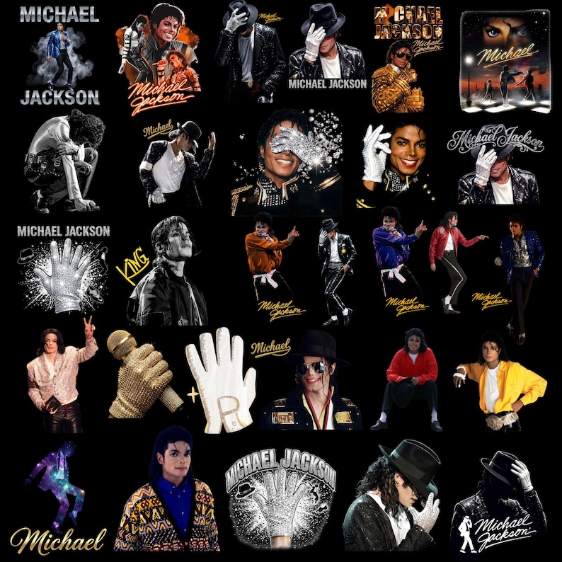 May include: A collection of Michael Jackson images on a black background. The images include portraits, performance shots, and iconic items like a bedazzled glove and microphone. Text includes "Michael Jackson" and "Michael".