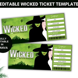 Druckbares Wicked Broadway Surprise Ticket, Andenken für den Eintritt ins Musiktheater, bearbeitbare Konzertkarte Pdf, digitaler Download