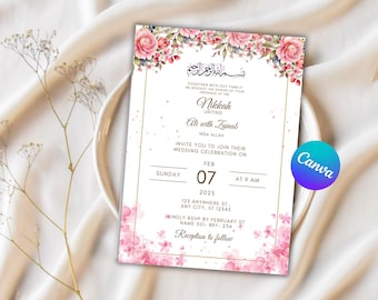 Editable Islamic Nikkah Invitation Template, Luxury Floral Nikkah Invitation, Muslim Wedding Invite, Reception Walima Invite, Canva Template