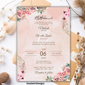 May include: A pink and gold wedding invitation with floral accents. The invitation reads "Nikkah uniting Ati with Zainab" and includes the date "June 06, 2025" and time "10 AM".